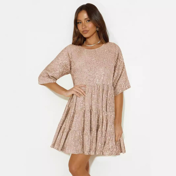 Flitteres ruha, poliészter, A‑vonal, kerek nyak, magas derekú