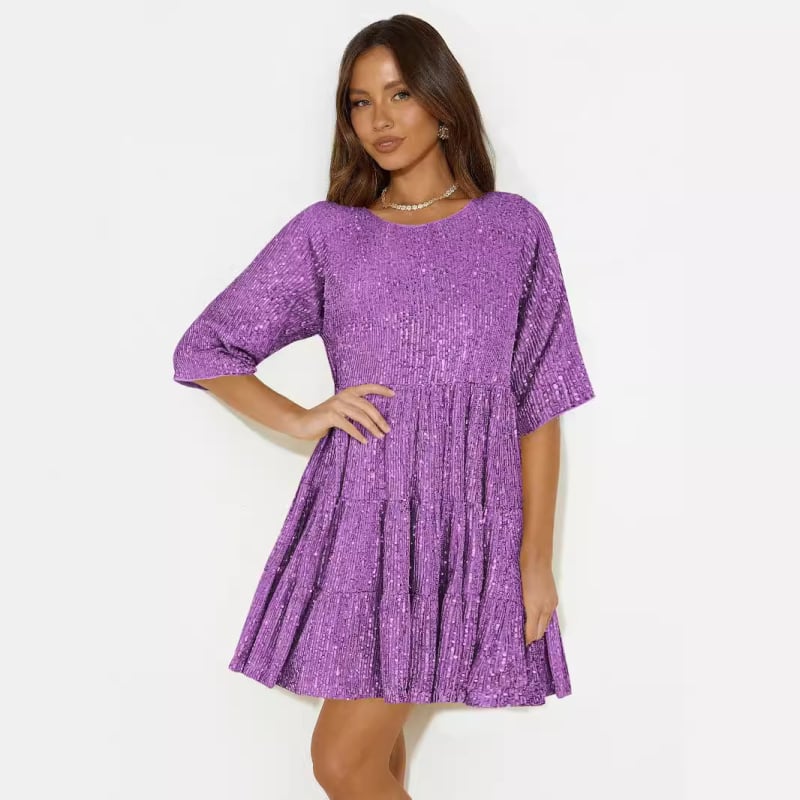 Flitteres ruha, poliészter, A‑vonal, kerek nyak, magas derekú