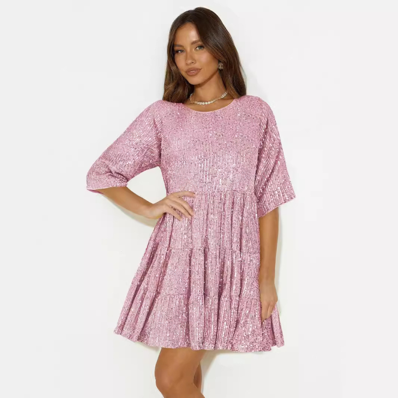 Flitteres ruha, poliészter, A‑vonal, kerek nyak, magas derekú