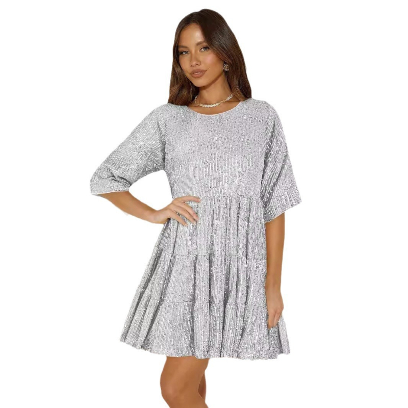 Flitteres ruha, poliészter, A‑vonal, kerek nyak, magas derekú