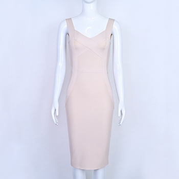 Bandage ruha egyszínű mintával, V-nyakú, ujjatlan, midi hosszúságú, poliészter–elasztán keverék