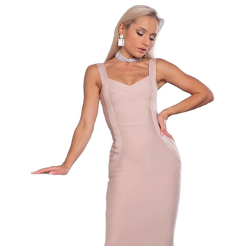 Bandage ruha egyszínű mintával, V-nyakú, ujjatlan, midi hosszúságú, poliészter–elasztán keverék