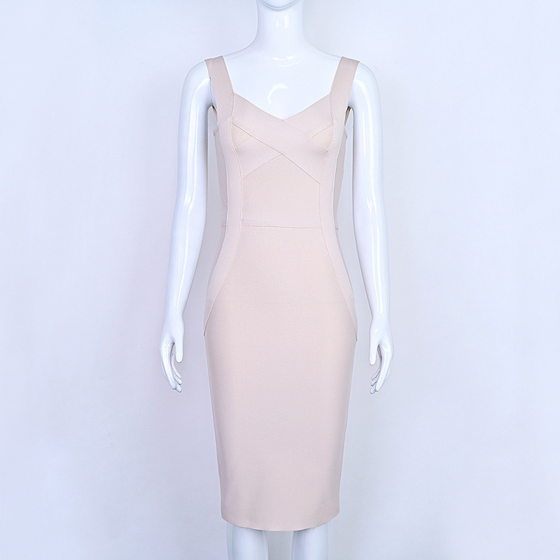 Bandage ruha egyszínű mintával, V-nyakú, ujjatlan, midi hosszúságú, poliészter–elasztán keverék