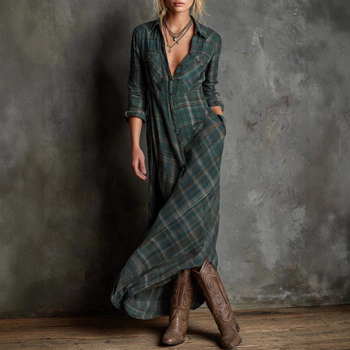 Jumper ruha kockás mintával, galléros kivitel, hosszú ujjú, hosszú ruha