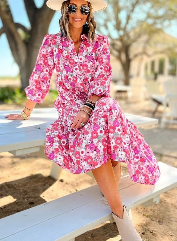 Bohém virágos poliészter ruha V-nyakú, hosszú ujjú, A-vonalú