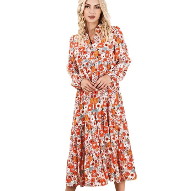 Bohém virágos poliészter ruha V-nyakú, hosszú ujjú, A-vonalú