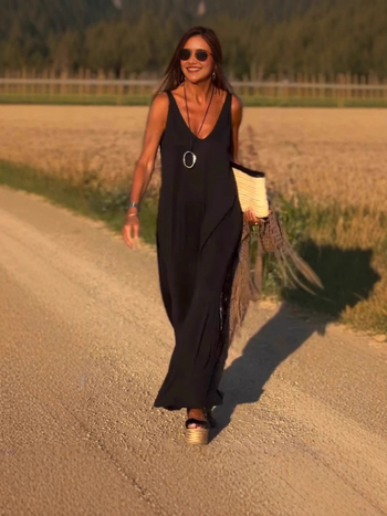 V-nyakú sling ruha, ujjatlan, laza derék, hosszú, poliészter-elasztán