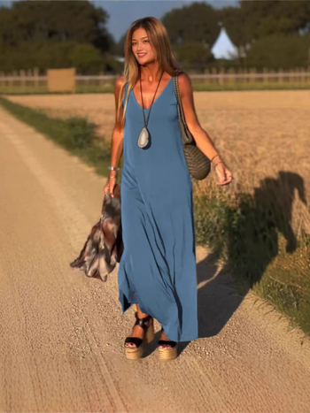 V-nyakú sling ruha, ujjatlan, laza derék, hosszú, poliészter-elasztán