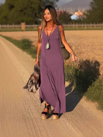 V-nyakú sling ruha, ujjatlan, laza derék, hosszú, poliészter-elasztán
