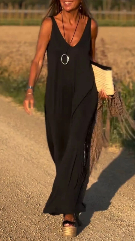 V-nyakú sling ruha, ujjatlan, laza derék, hosszú, poliészter-elasztán