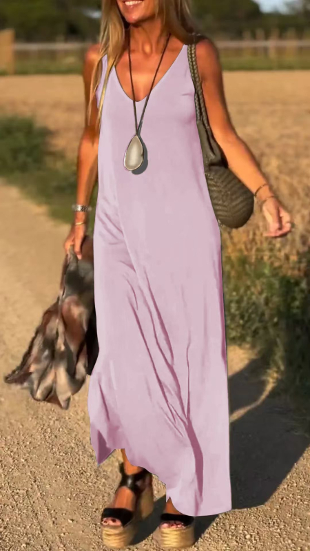 V-nyakú sling ruha, ujjatlan, laza derék, hosszú, poliészter-elasztán
