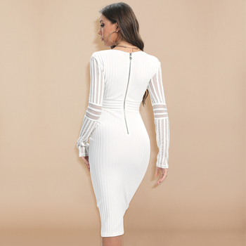 Bandage-stil pletena haljina s dugim rukavima, V-izrez, elastični pojas, duljina 104 cm