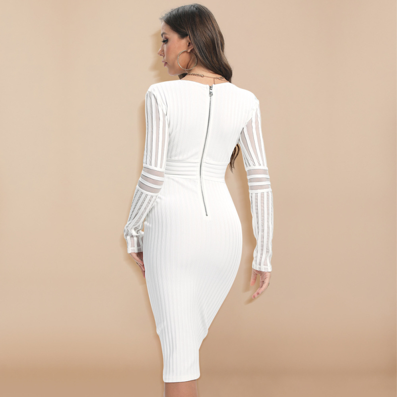 Bandage-stil pletena haljina s dugim rukavima, V-izrez, elastični pojas, duljina 104 cm