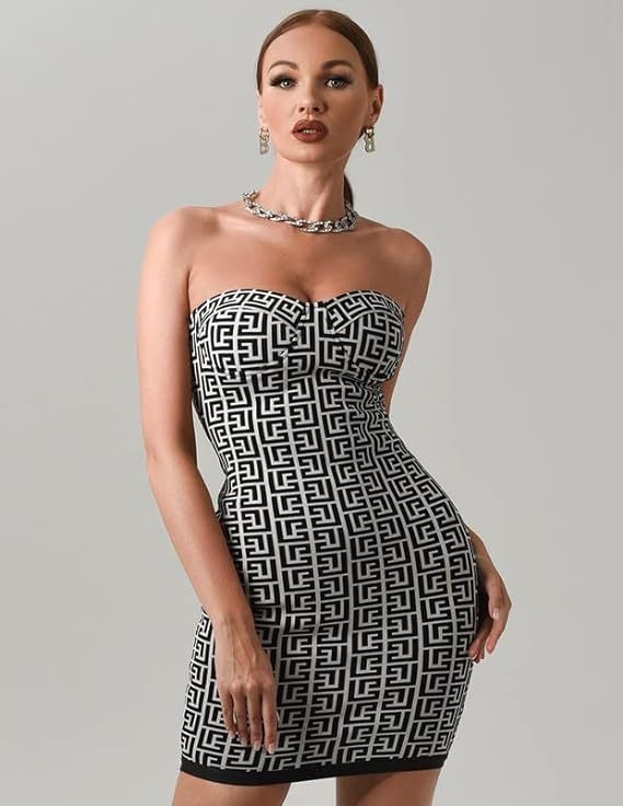 Váll nélküli jacquard bandage ruha, mini hosszúságú, cipzárral