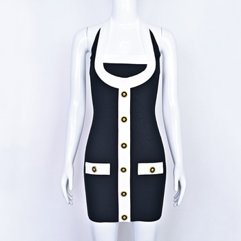 Kötött ruha halternekkel, elasztikus derékkal, midi hosszúságú, ujj nélküli, színösszhang mintázattal