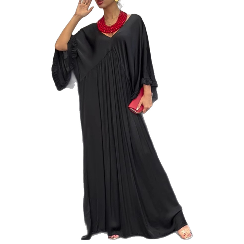 Saténové polyesterové šaty, jednofarebné, výstrih do V, rukávy s listovými volánmi, dlhé