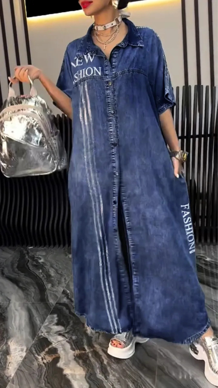 Denim ruha betűk mintával, reveres gallér, hosszú ujjú, A-vonalú hosszú ruha