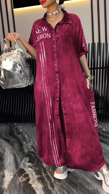 Denim ruha betűk mintával, reveres gallér, hosszú ujjú, A-vonalú hosszú ruha