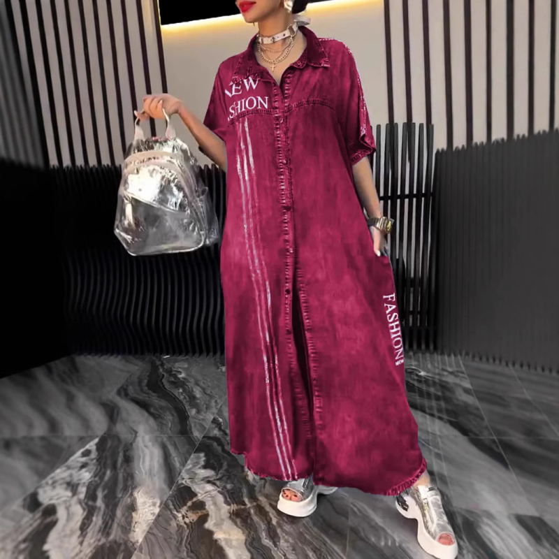 Denim ruha betűk mintával, reveres gallér, hosszú ujjú, A-vonalú hosszú ruha