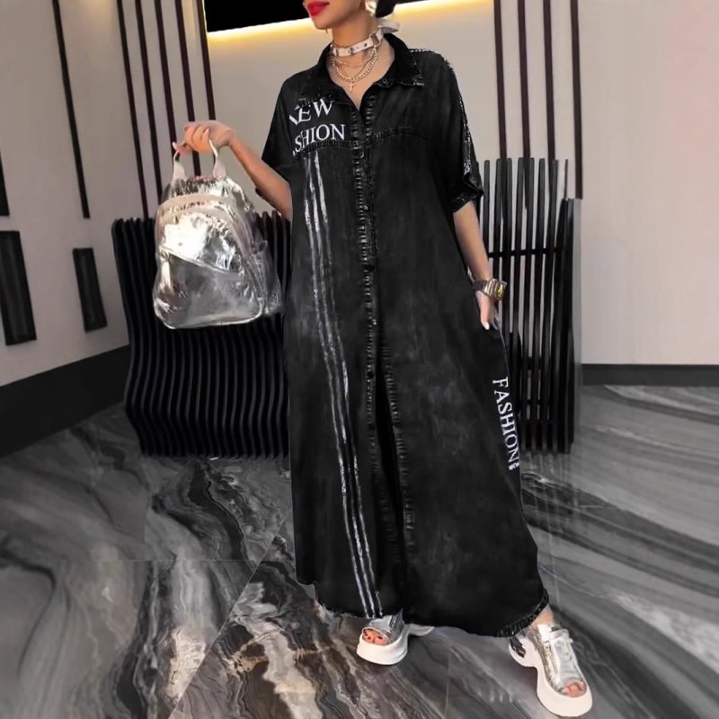 Denim ruha betűk mintával, reveres gallér, hosszú ujjú, A-vonalú hosszú ruha