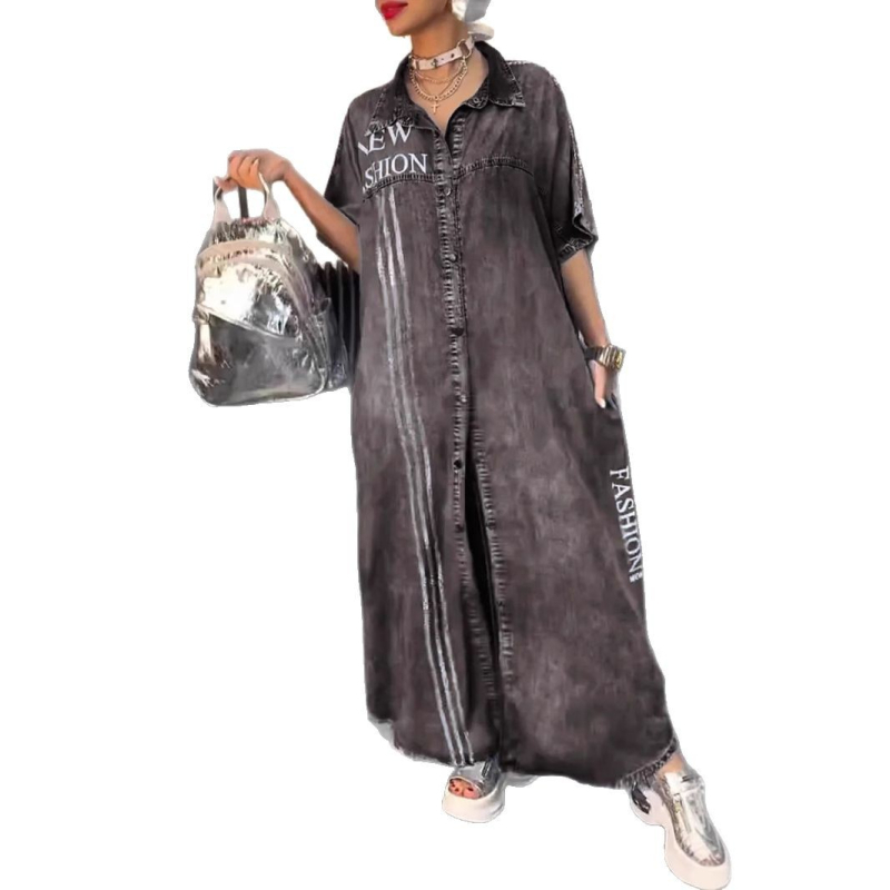 Denim ruha betűk mintával, reveres gallér, hosszú ujjú, A-vonalú hosszú ruha