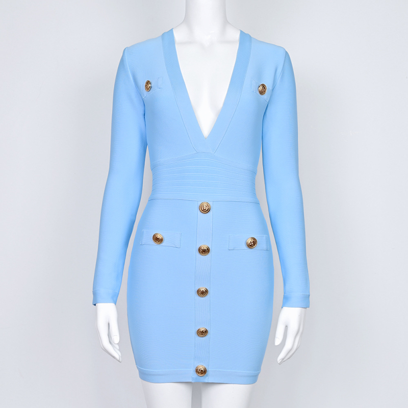 Kötött bandázs ruha, V-nyakú, hosszú ujjú, elasztikus derékrész, középmagas hossz