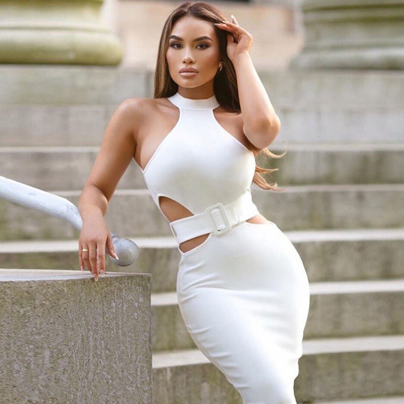 Övvel ellátott bandázsruha, ujjatlan, magas derék, ceruzasziluettel, midi hosszúságú