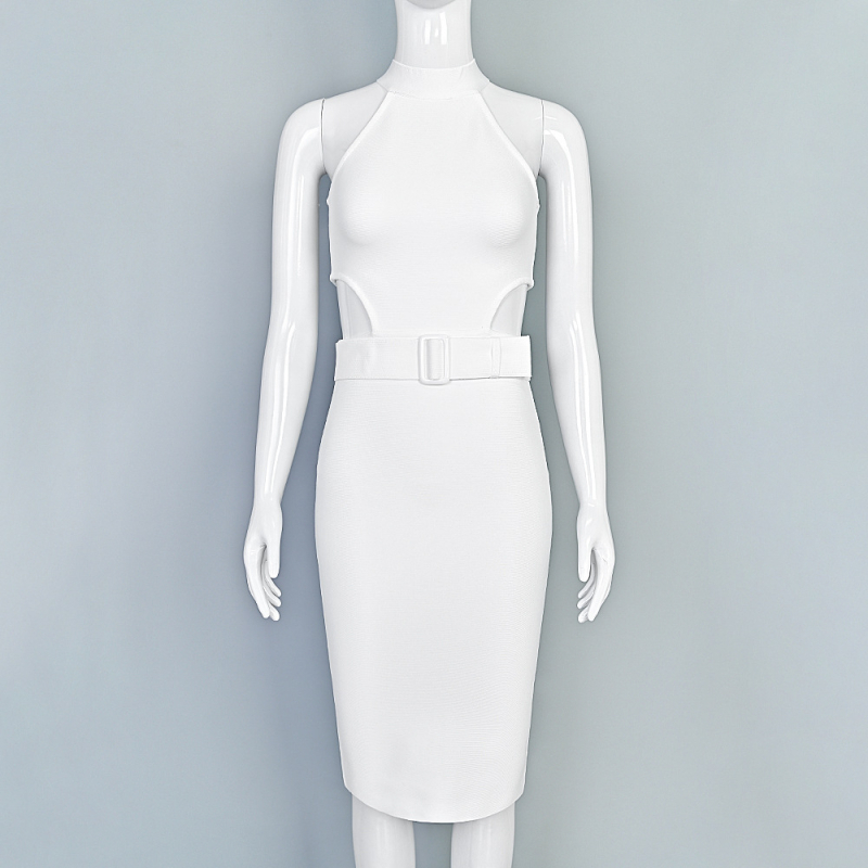 Övvel ellátott bandázsruha, ujjatlan, magas derék, ceruzasziluettel, midi hosszúságú
