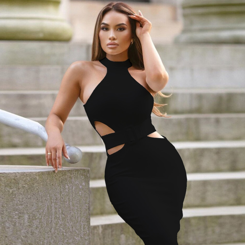 Övvel ellátott bandázsruha, ujjatlan, magas derék, ceruzasziluettel, midi hosszúságú