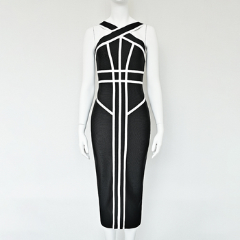 Geometriai mintás bandage ruha, halternyakú, hosszú, testhezálló kivitel, ujjak nélküli, elasztikus derék, midi hosszúságú, kötött anyag, poliészter-elasztán keverék, zip