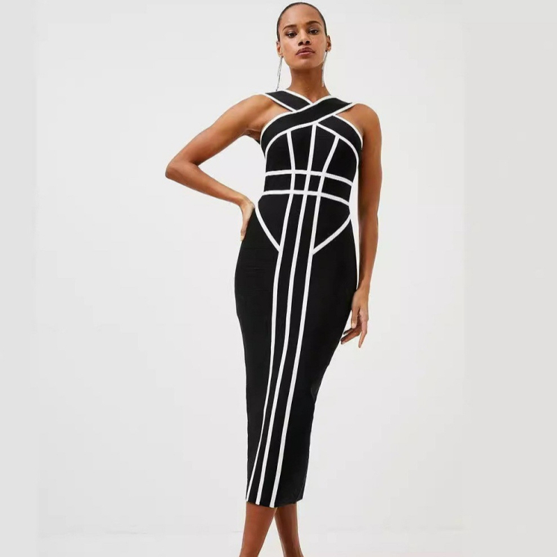 Geometriai mintás bandage ruha, halternyakú, hosszú, testhezálló kivitel, ujjak nélküli, elasztikus derék, midi hosszúságú, kötött anyag, poliészter-elasztán keverék, zip