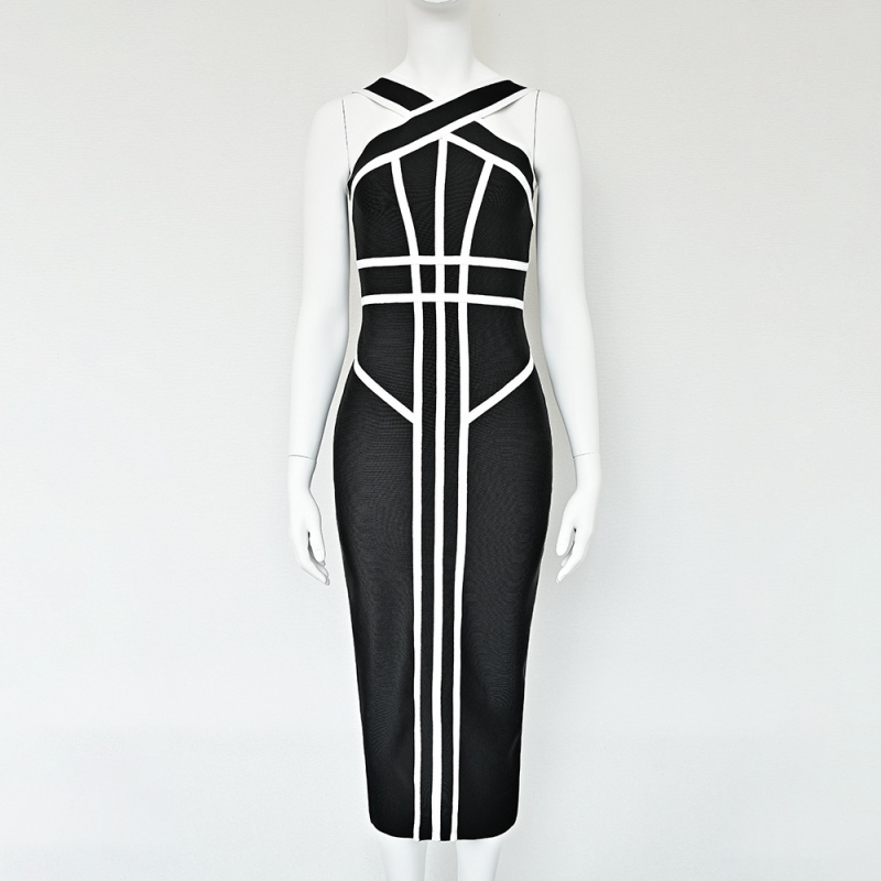 Geometriai mintás bandage ruha, halternyakú, hosszú, testhezálló kivitel, ujjak nélküli, elasztikus derék, midi hosszúságú, kötött anyag, poliészter-elasztán keverék, zip