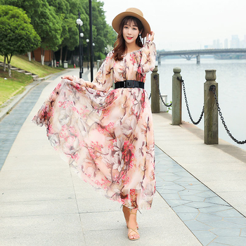 Chiffon ruha hosszú ujjú, virágos mintázat, V-nyak, lótuszleveles ujj, hosszú szoknya, pulóver-stílusú záródás; fő anyagok Lyocell (Tencel) és poliészter 95%+