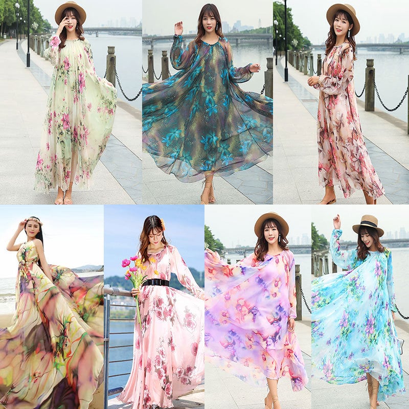 Chiffon ruha hosszú ujjú, virágos mintázat, V-nyak, lótuszleveles ujj, hosszú szoknya, pulóver-stílusú záródás; fő anyagok Lyocell (Tencel) és poliészter 95%+