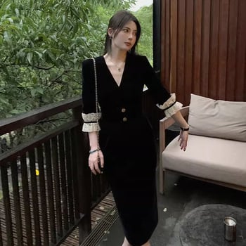 Midi ruha A-vonalú, V-nyakú, középső derekú