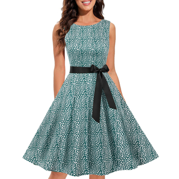 Ženska haljina s floralnim uzorkom, bez rukava, okrugli izrez, Hepburn stil 1950-ih, poliester