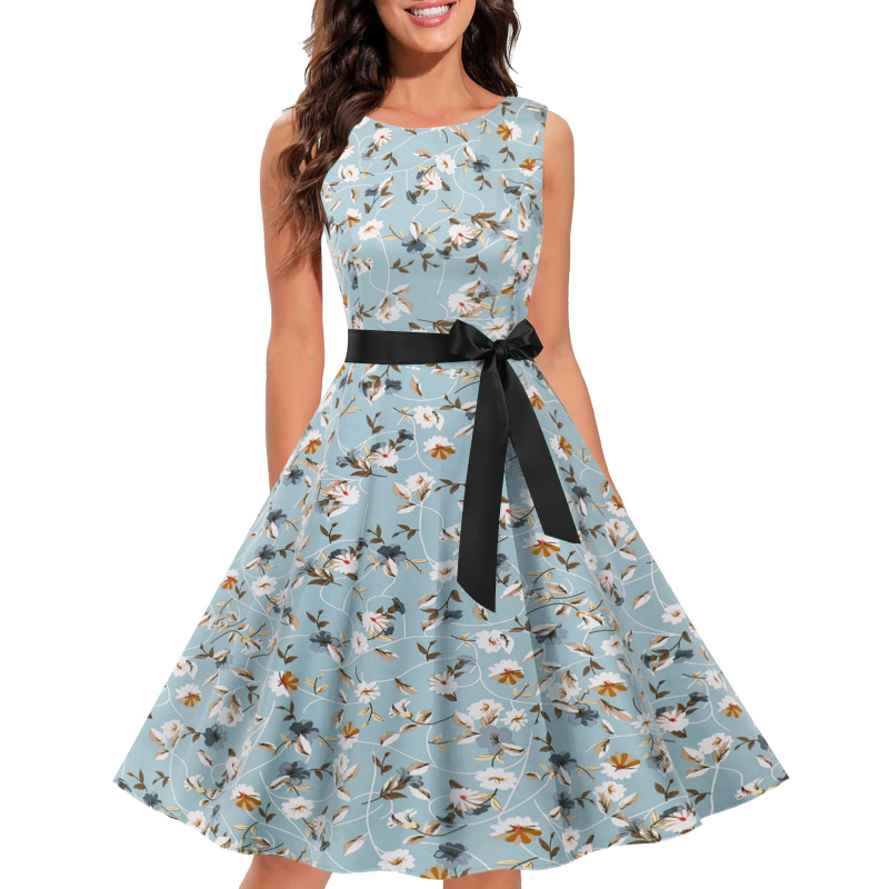 Ženska haljina s floralnim uzorkom, bez rukava, okrugli izrez, Hepburn stil 1950-ih, poliester