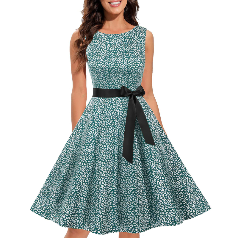 Ženska haljina s floralnim uzorkom, bez rukava, okrugli izrez, Hepburn stil 1950-ih, poliester