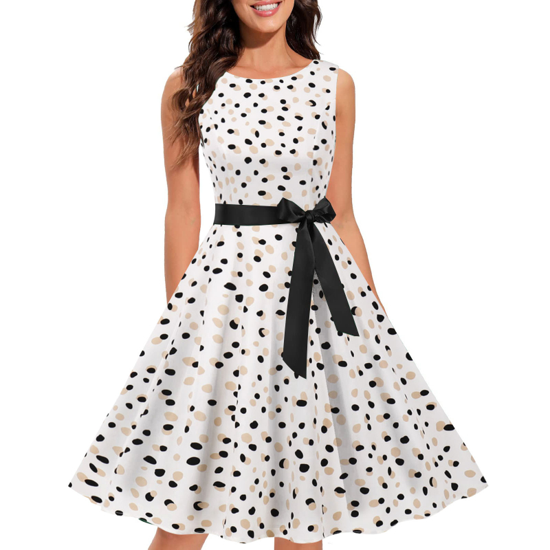 Ženska haljina s floralnim uzorkom, bez rukava, okrugli izrez, Hepburn stil 1950-ih, poliester
