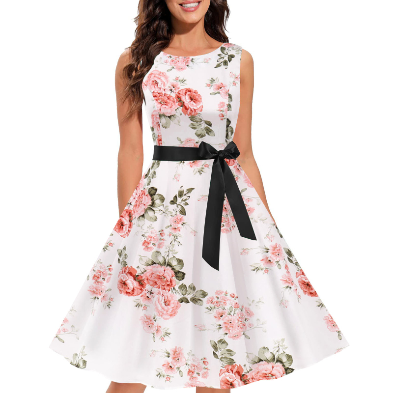 Ženska haljina s floralnim uzorkom, bez rukava, okrugli izrez, Hepburn stil 1950-ih, poliester