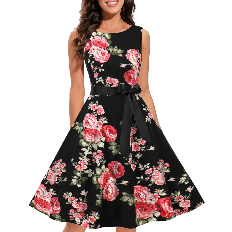 Ženska haljina s floralnim uzorkom, bez rukava, okrugli izrez, Hepburn stil 1950-ih, poliester