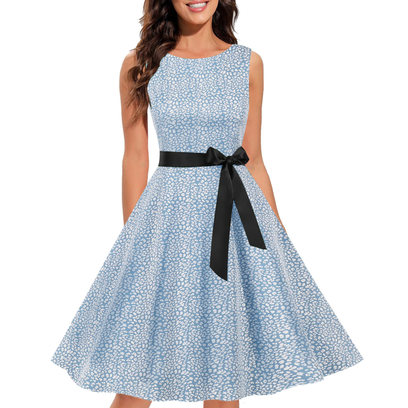 Ženska haljina s floralnim uzorkom, bez rukava, okrugli izrez, Hepburn stil 1950-ih, poliester