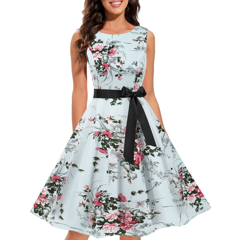 Ženska haljina s floralnim uzorkom, bez rukava, okrugli izrez, Hepburn stil 1950-ih, poliester
