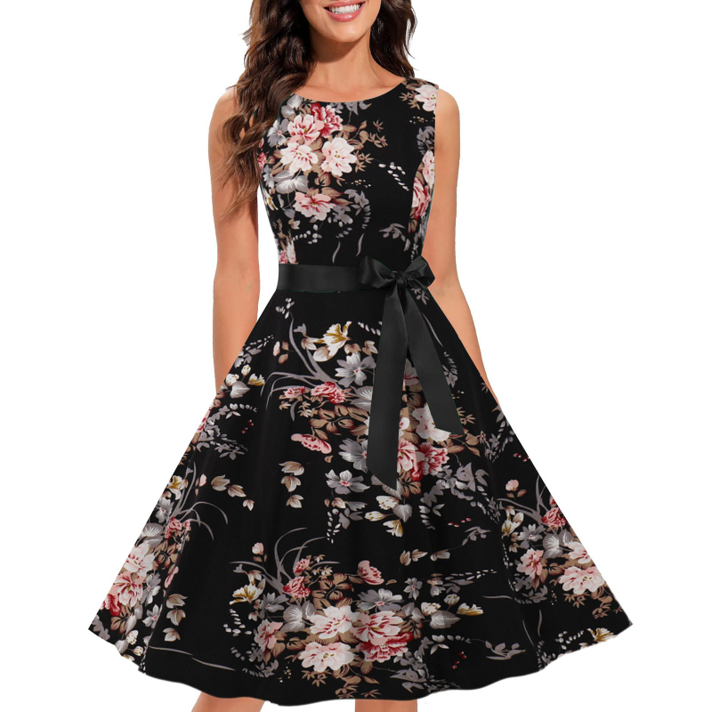 Ženska haljina s floralnim uzorkom, bez rukava, okrugli izrez, Hepburn stil 1950-ih, poliester