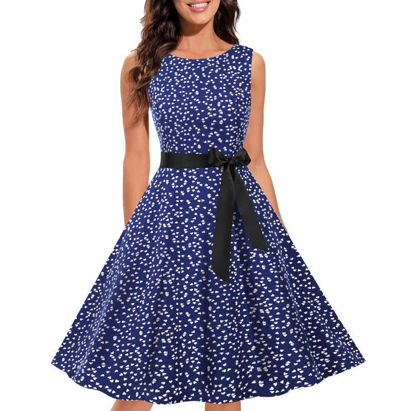 Ženska haljina s floralnim uzorkom, bez rukava, okrugli izrez, Hepburn stil 1950-ih, poliester