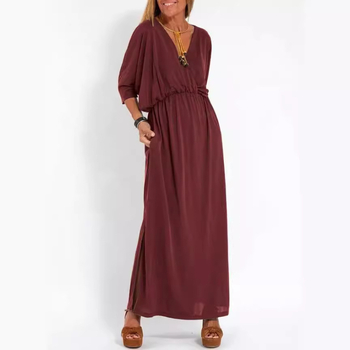 Midi haljina s V izrezom, kratkim rukavima, srednji struk, Ice Silk triacetatna tkanina (30–50% triacetata)