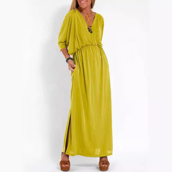 Midi haljina s V izrezom, kratkim rukavima, srednji struk, Ice Silk triacetatna tkanina (30–50% triacetata)