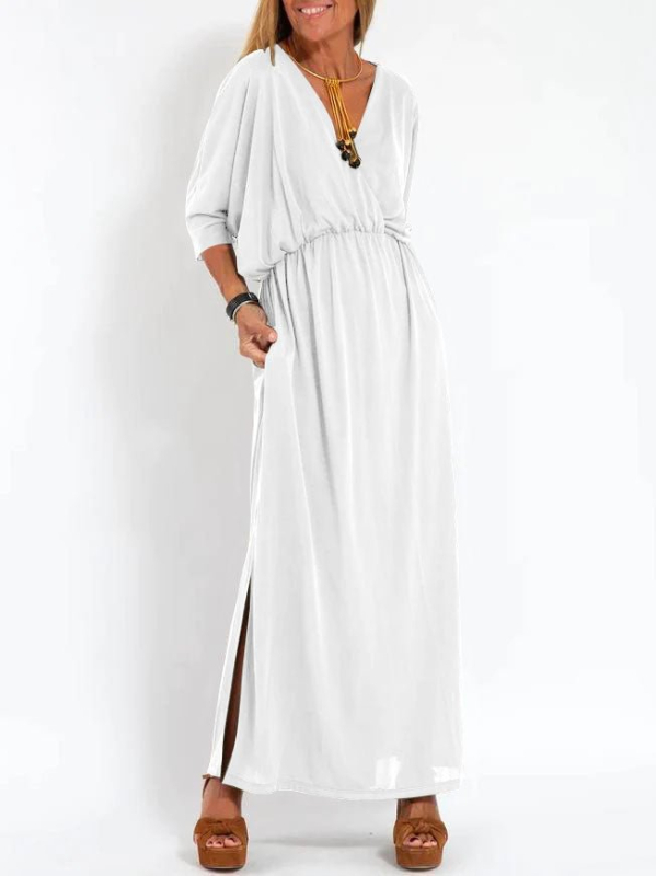 Midi haljina s V izrezom, kratkim rukavima, srednji struk, Ice Silk triacetatna tkanina (30–50% triacetata)