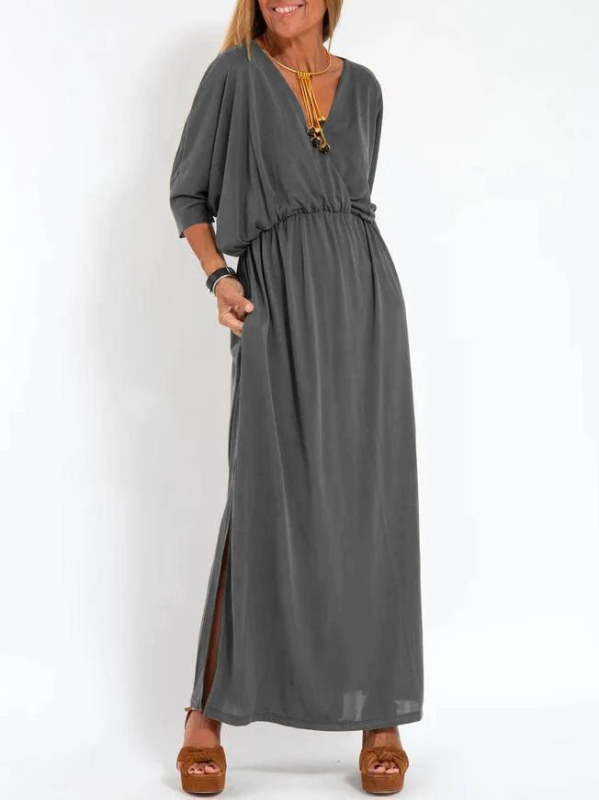 Midi haljina s V izrezom, kratkim rukavima, srednji struk, Ice Silk triacetatna tkanina (30–50% triacetata)