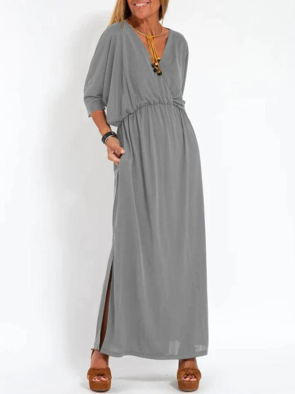 Midi haljina s V izrezom, kratkim rukavima, srednji struk, Ice Silk triacetatna tkanina (30–50% triacetata)